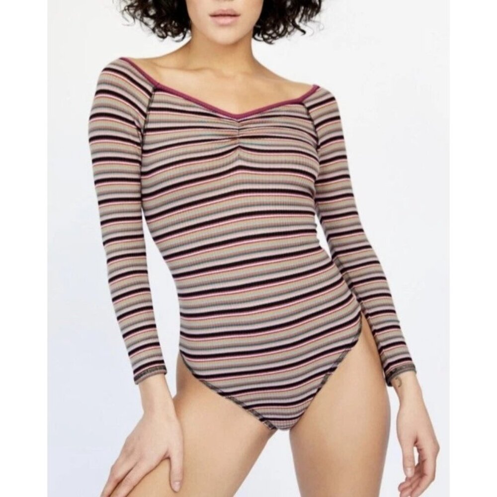 Free People Intimately Put A Stripe On It Thong Bodysuit Long Sleeve X-Small